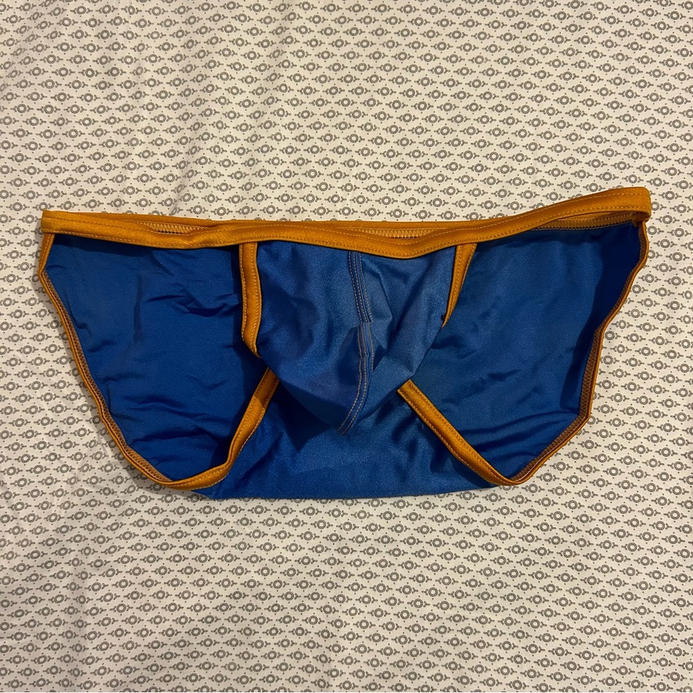 N2N Bodywear Blue Orange Trim High Cut Logo Bikini Pouch Briefs Size Large NWT